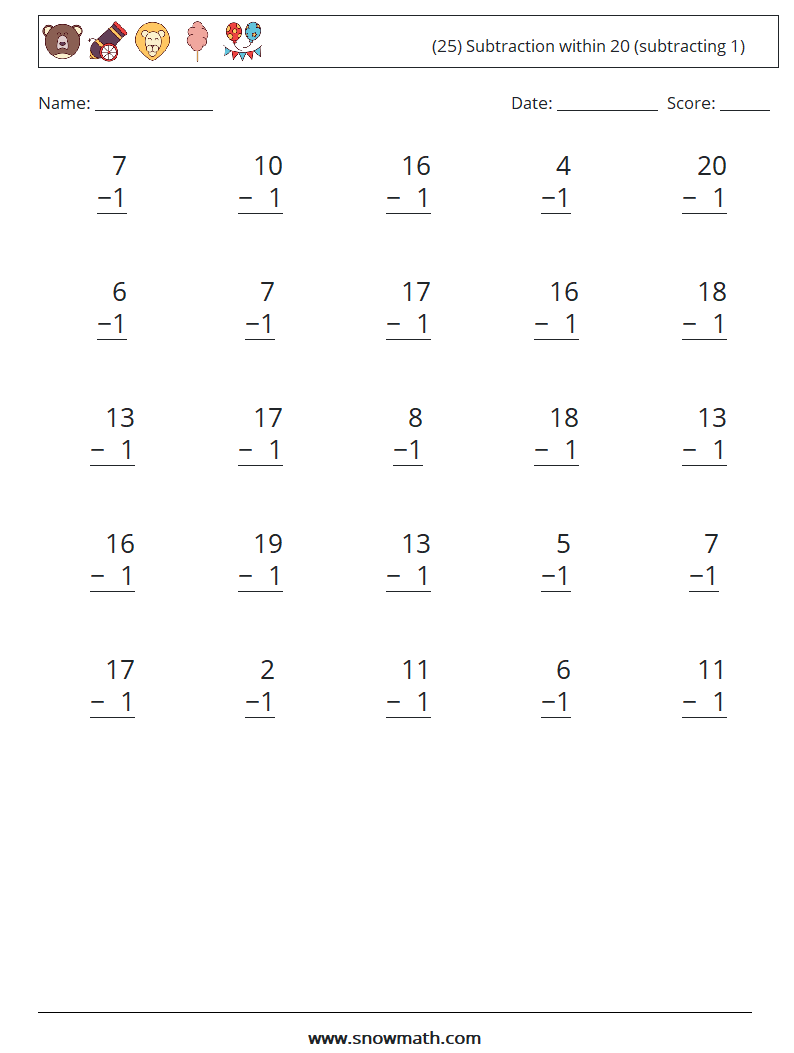(25) Subtraction within 20 (subtracting 1) Math Worksheets 11