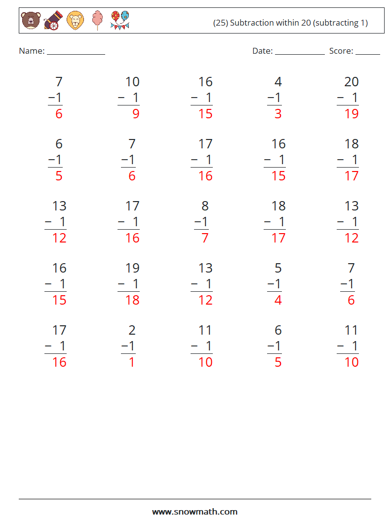 (25) Subtraction within 20 (subtracting 1) Math Worksheets 11 Question, Answer