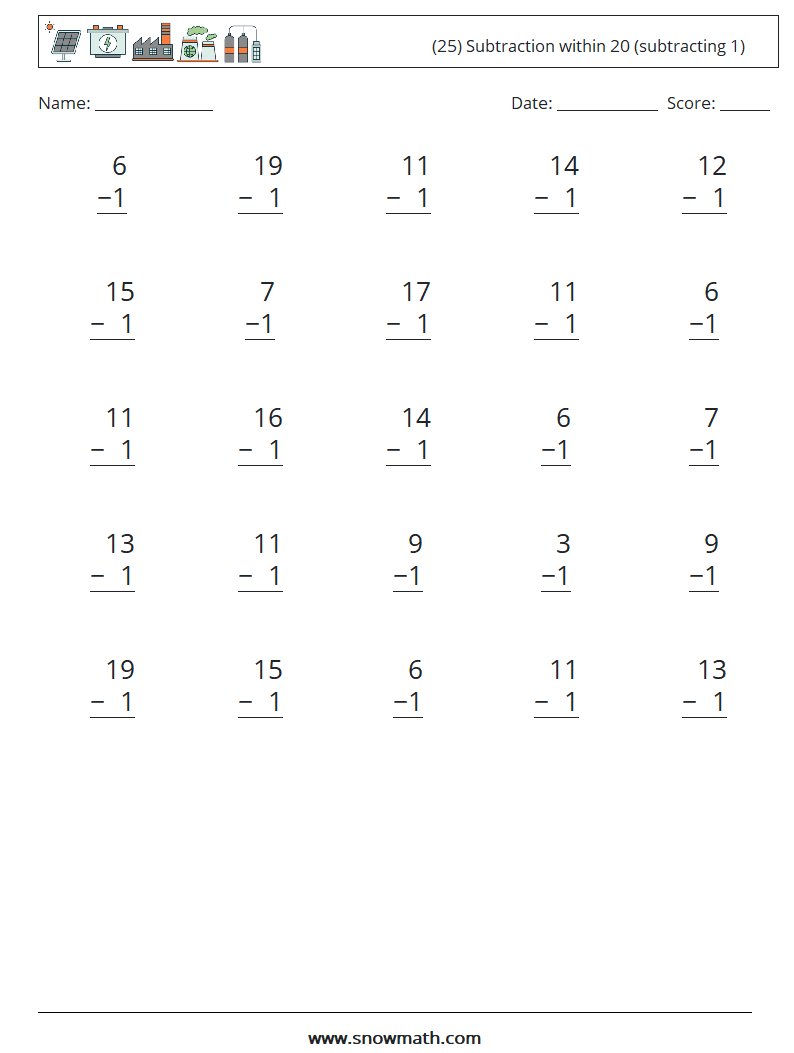 (25) Subtraction within 20 (subtracting 1) Math Worksheets 12