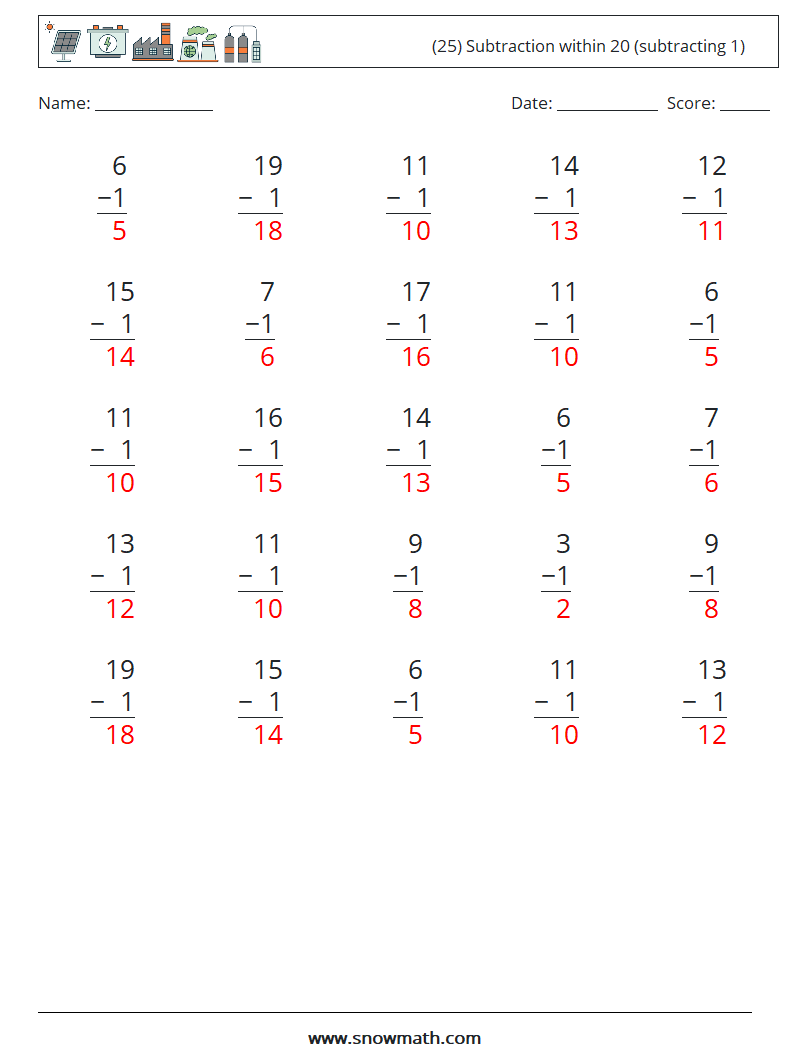 (25) Subtraction within 20 (subtracting 1) Math Worksheets 12 Question, Answer