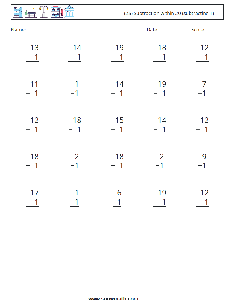 (25) Subtraction within 20 (subtracting 1) Math Worksheets 13