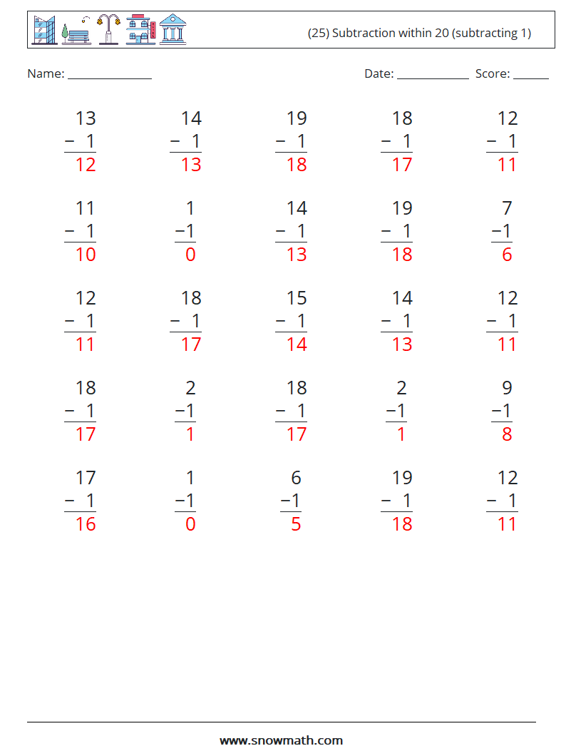 (25) Subtraction within 20 (subtracting 1) Math Worksheets 13 Question, Answer