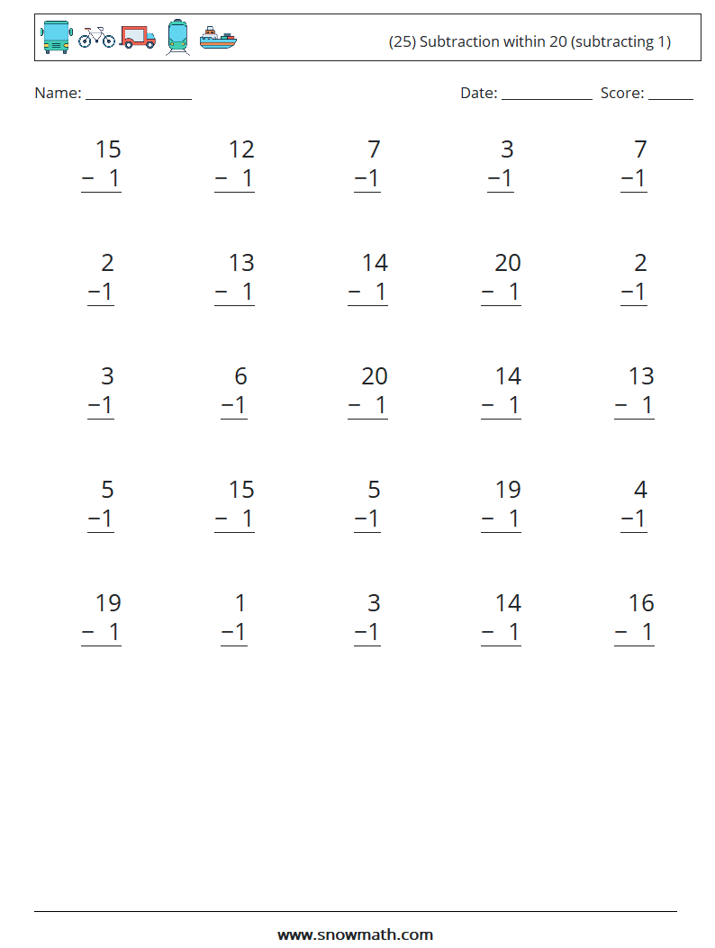(25) Subtraction within 20 (subtracting 1) Math Worksheets 14