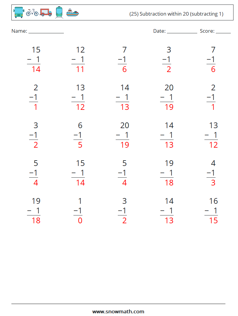 (25) Subtraction within 20 (subtracting 1) Math Worksheets 14 Question, Answer