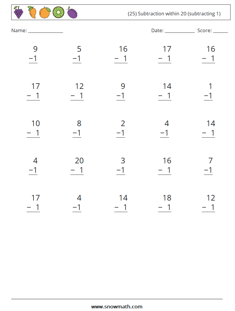 (25) Subtraction within 20 (subtracting 1) Math Worksheets 16