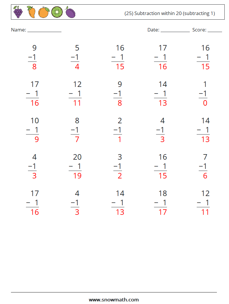 (25) Subtraction within 20 (subtracting 1) Math Worksheets 16 Question, Answer