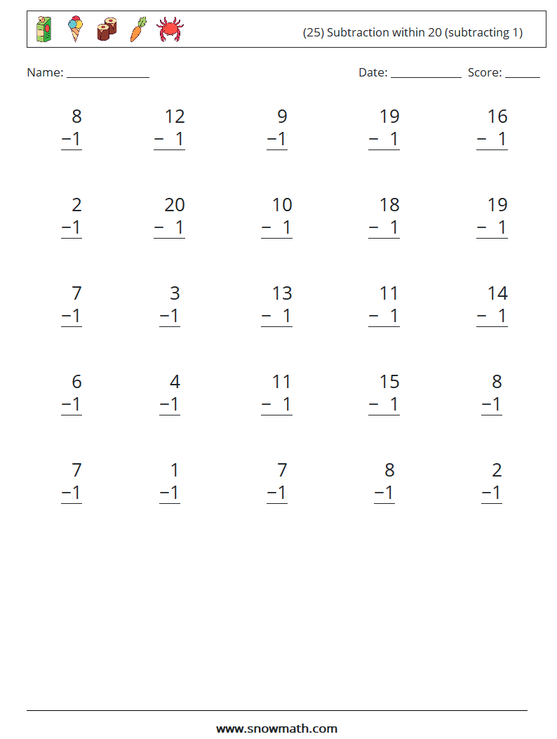 (25) Subtraction within 20 (subtracting 1) Math Worksheets 17