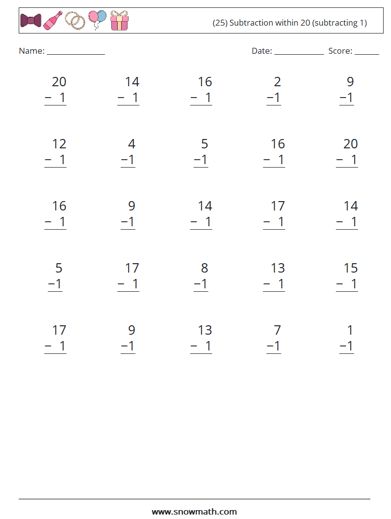 (25) Subtraction within 20 (subtracting 1) Math Worksheets 18
