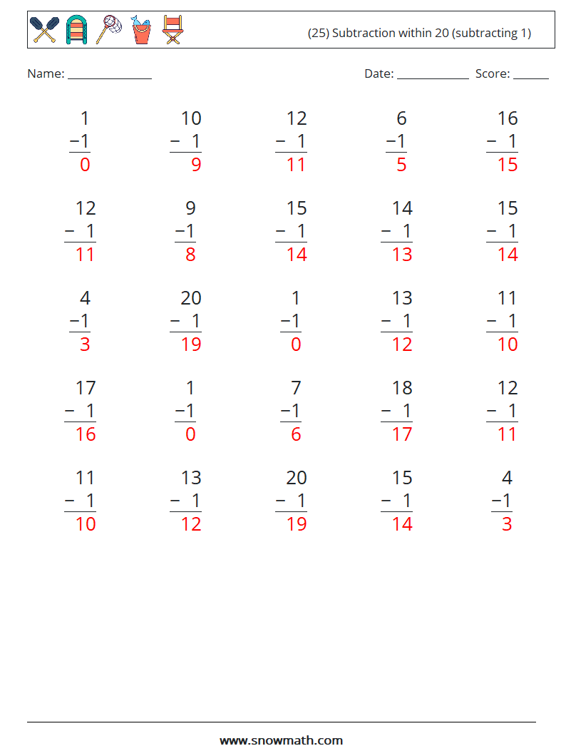 (25) Subtraction within 20 (subtracting 1) Math Worksheets 1 Question, Answer