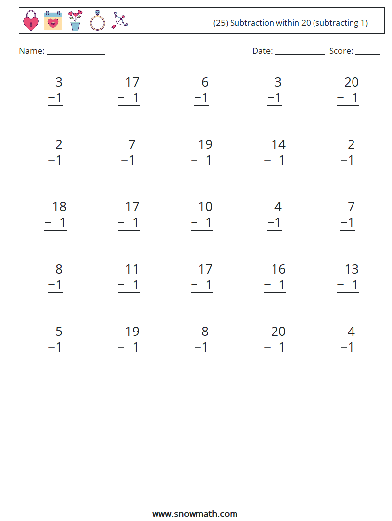 (25) Subtraction within 20 (subtracting 1) Math Worksheets 2