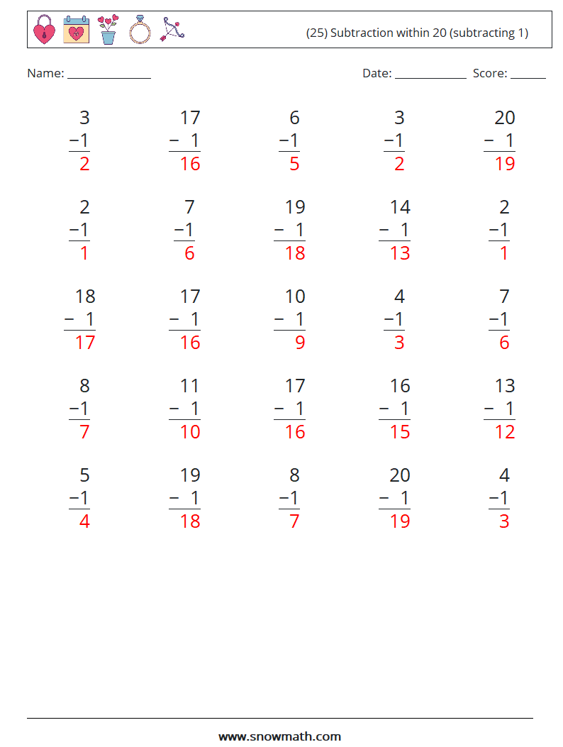 (25) Subtraction within 20 (subtracting 1) Math Worksheets 2 Question, Answer