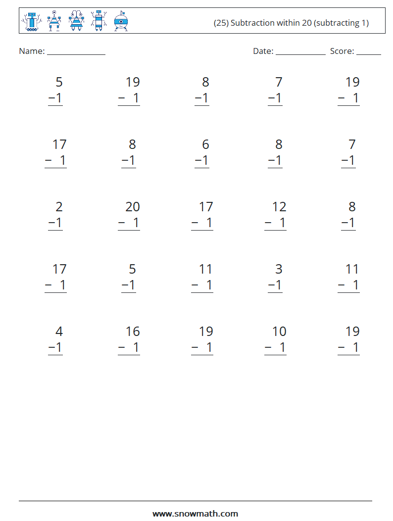 (25) Subtraction within 20 (subtracting 1) Math Worksheets 3