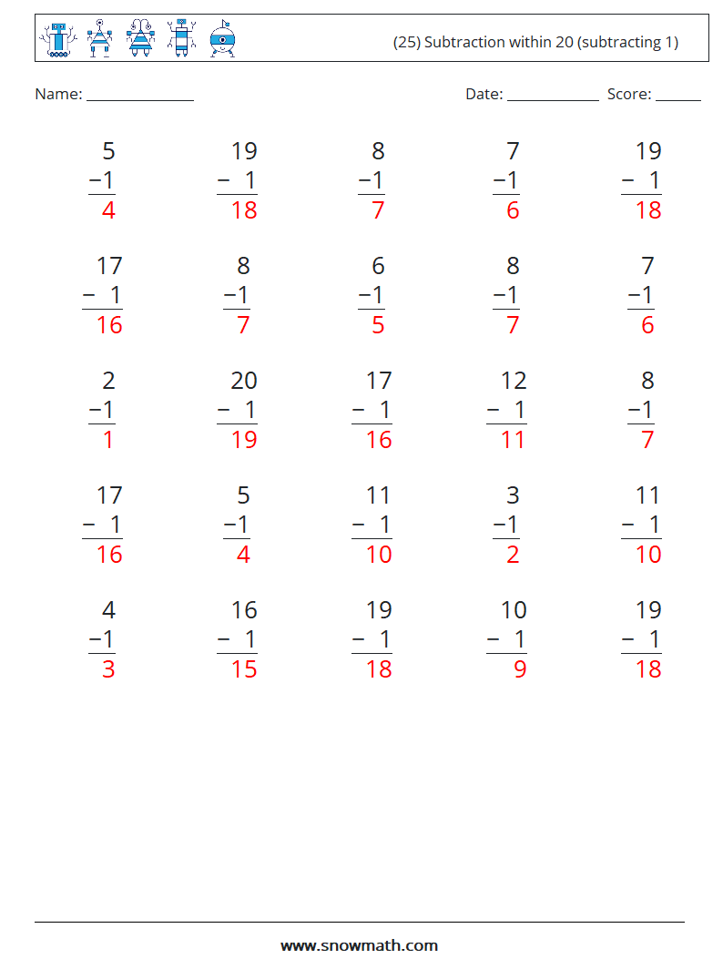 (25) Subtraction within 20 (subtracting 1) Math Worksheets 3 Question, Answer