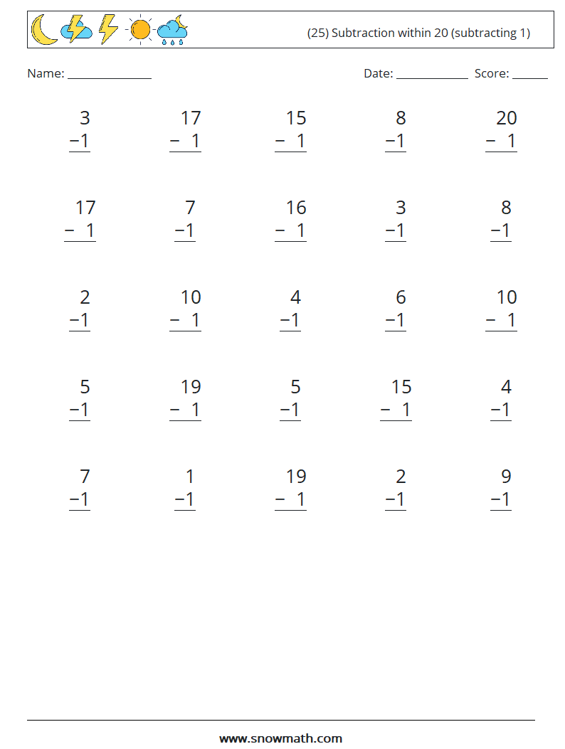 (25) Subtraction within 20 (subtracting 1) Math Worksheets 4