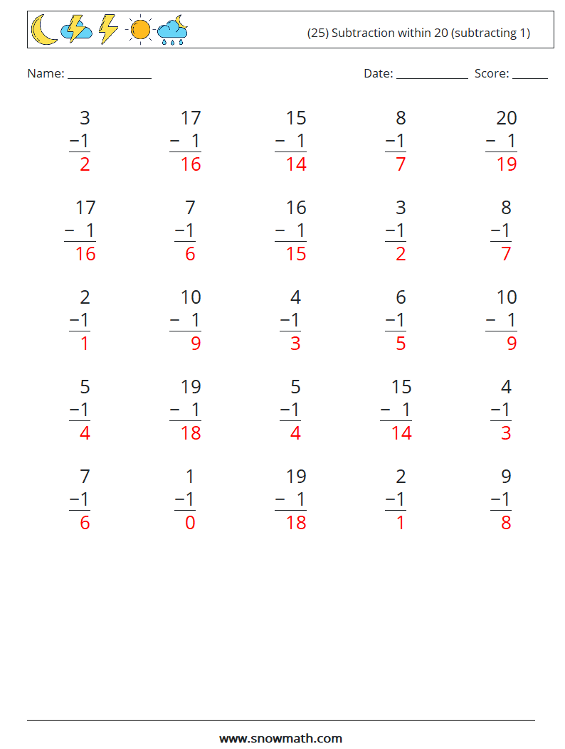 (25) Subtraction within 20 (subtracting 1) Math Worksheets 4 Question, Answer