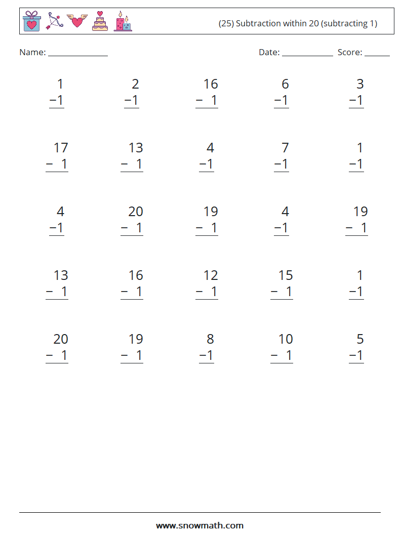(25) Subtraction within 20 (subtracting 1) Math Worksheets 5