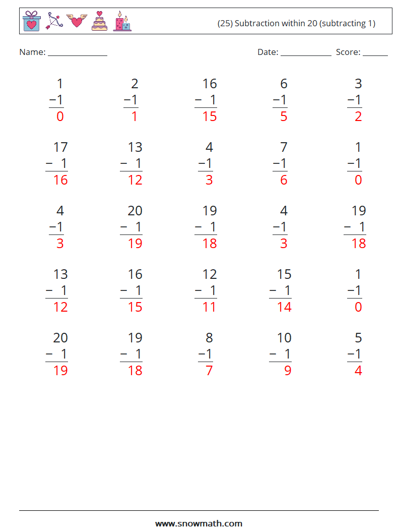 (25) Subtraction within 20 (subtracting 1) Math Worksheets 5 Question, Answer