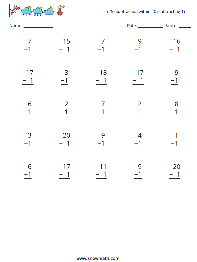 (25) Subtraction within 20 (subtracting 1) Math Worksheets 6