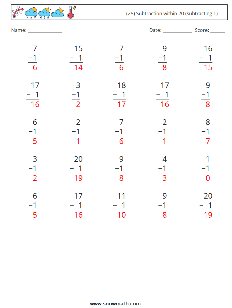 (25) Subtraction within 20 (subtracting 1) Math Worksheets 6 Question, Answer