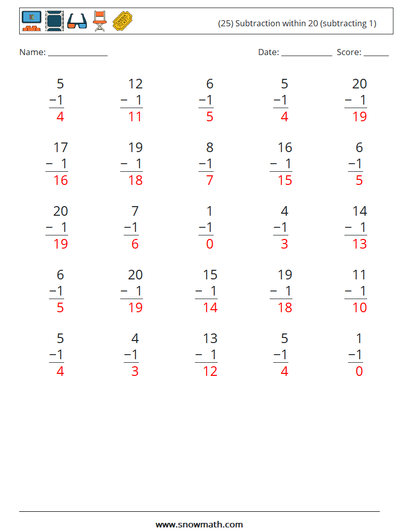 (25) Subtraction within 20 (subtracting 1) Math Worksheets 7 Question, Answer