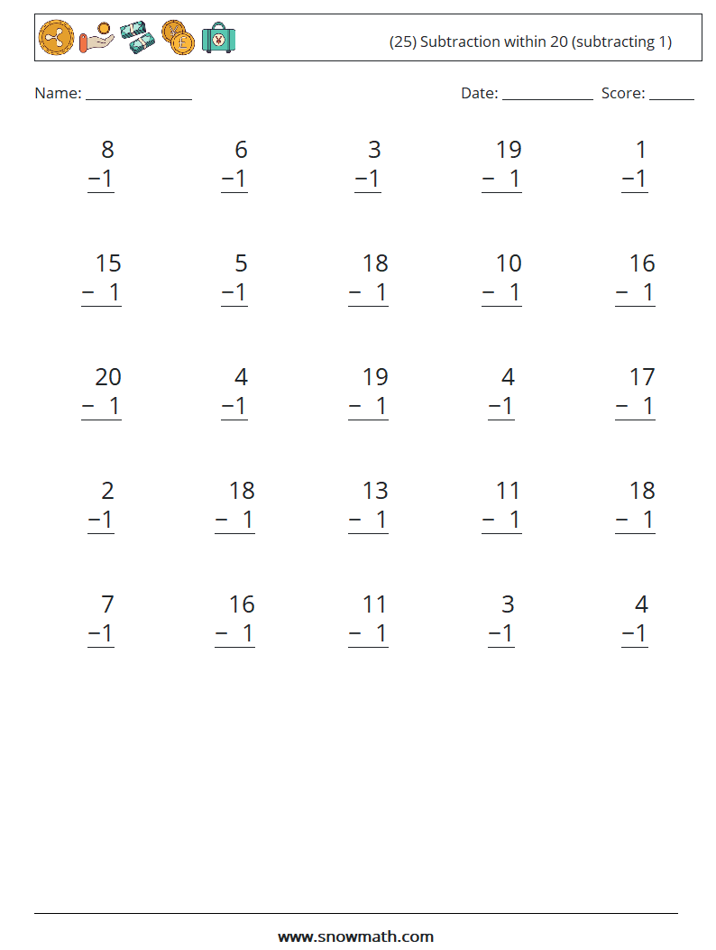(25) Subtraction within 20 (subtracting 1) Math Worksheets 8