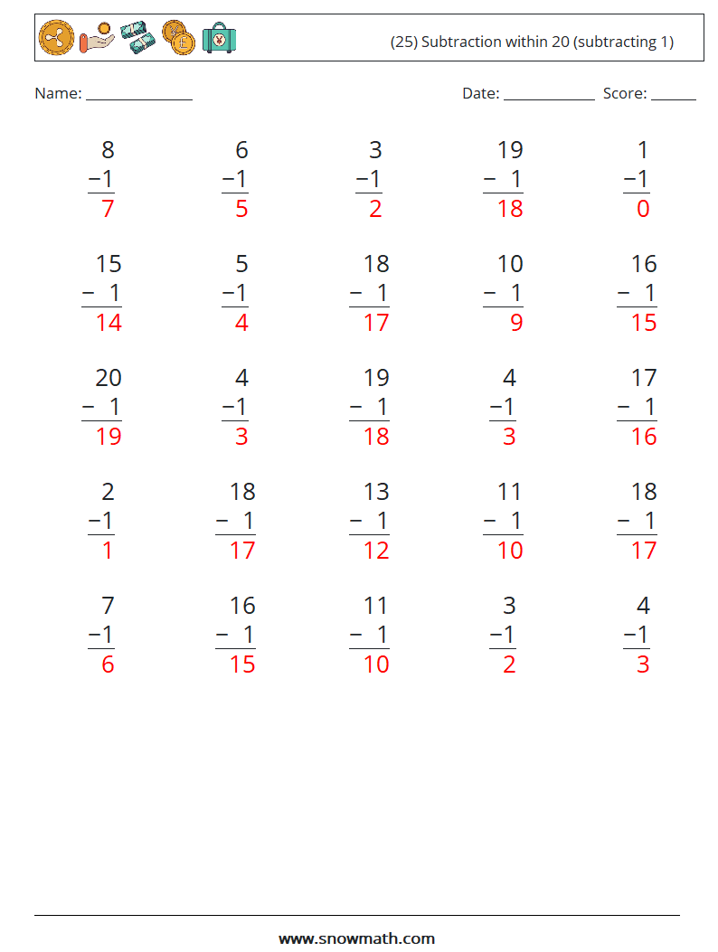 (25) Subtraction within 20 (subtracting 1) Math Worksheets 8 Question, Answer