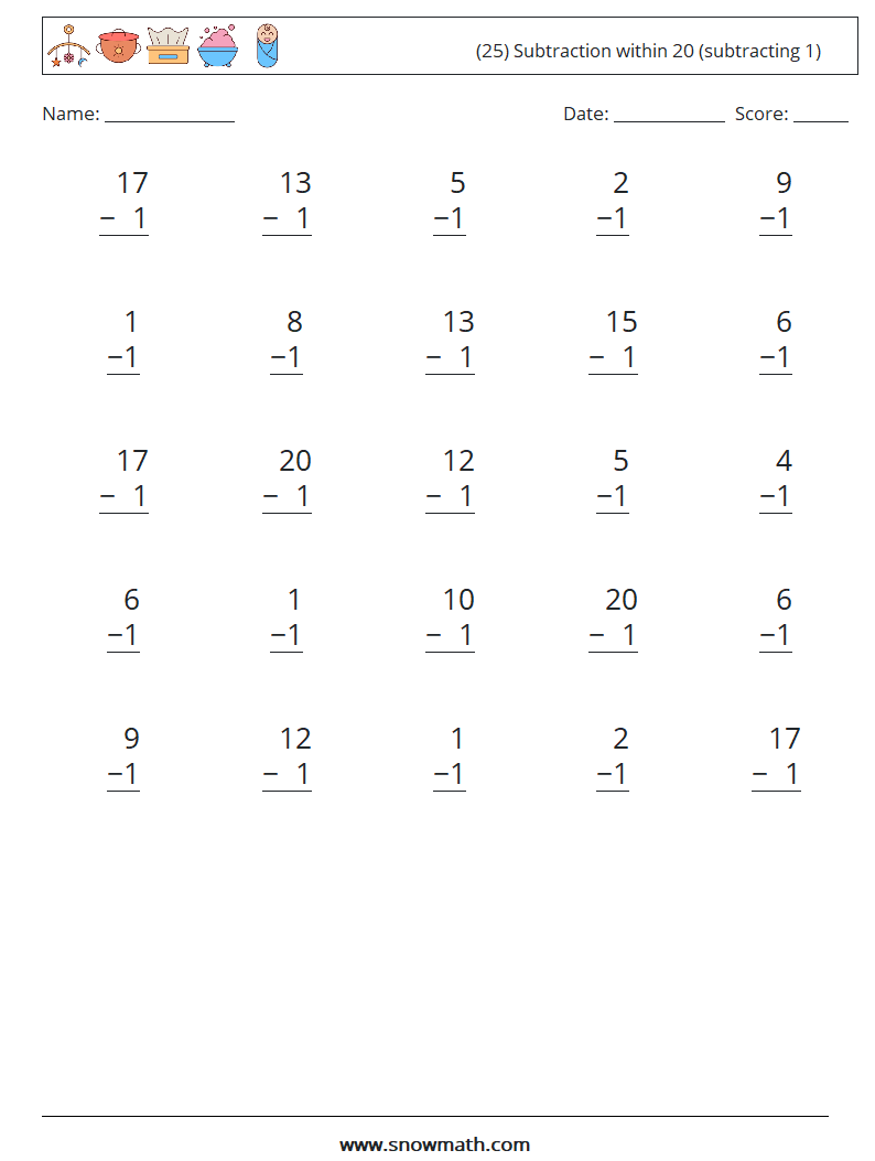 (25) Subtraction within 20 (subtracting 1) Math Worksheets 9