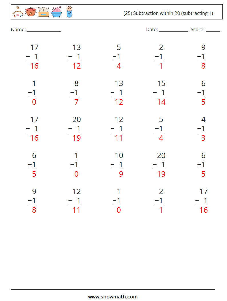 (25) Subtraction within 20 (subtracting 1) Math Worksheets 9 Question, Answer