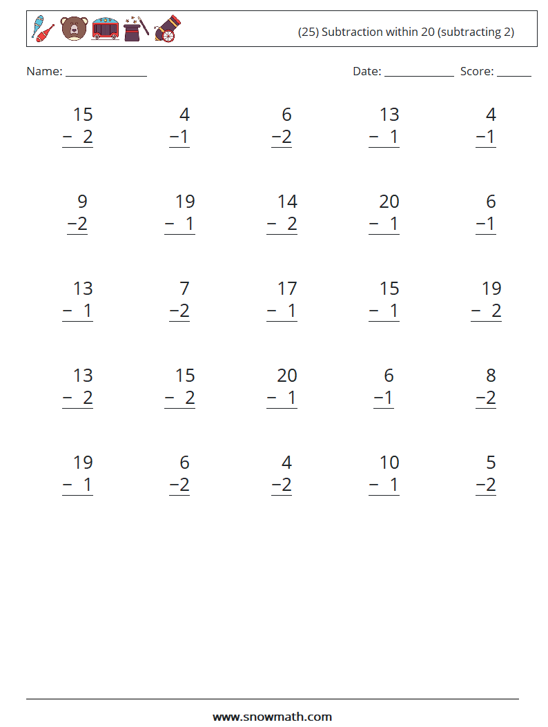 (25) Subtraction within 20 (subtracting 2) Math Worksheets 1