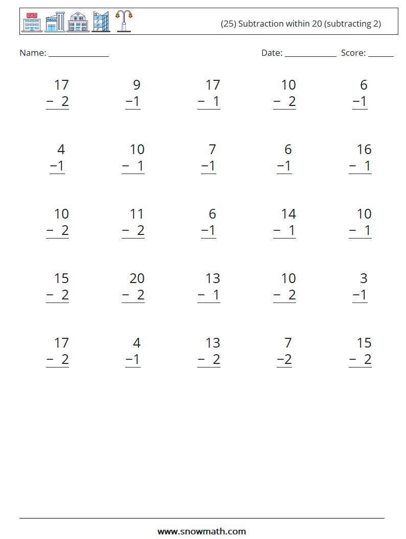 (25) Subtraction within 20 (subtracting 2) Math Worksheets 10