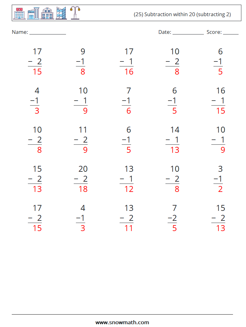 (25) Subtraction within 20 (subtracting 2) Math Worksheets 10 Question, Answer