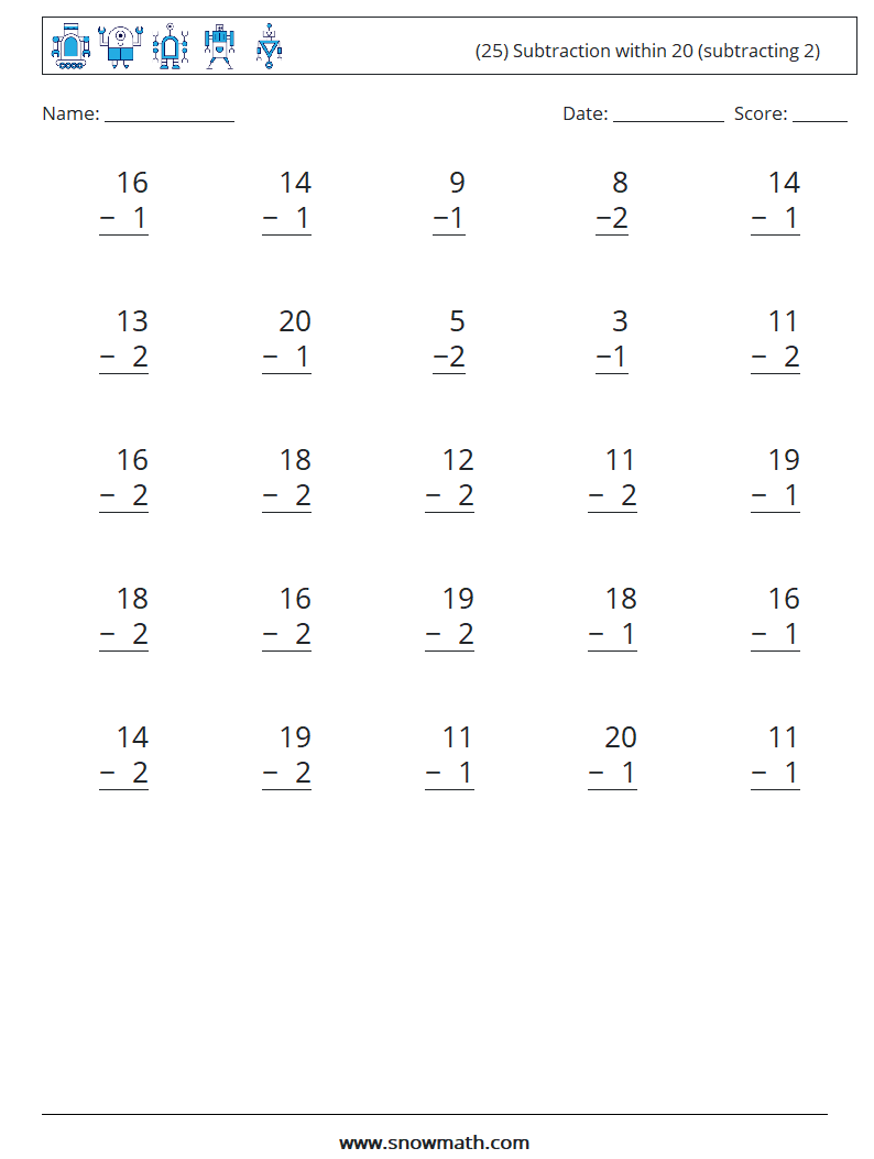 (25) Subtraction within 20 (subtracting 2) Math Worksheets 12