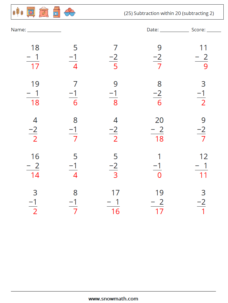 (25) Subtraction within 20 (subtracting 2) Math Worksheets 13 Question, Answer