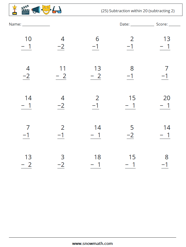 (25) Subtraction within 20 (subtracting 2) Math Worksheets 14