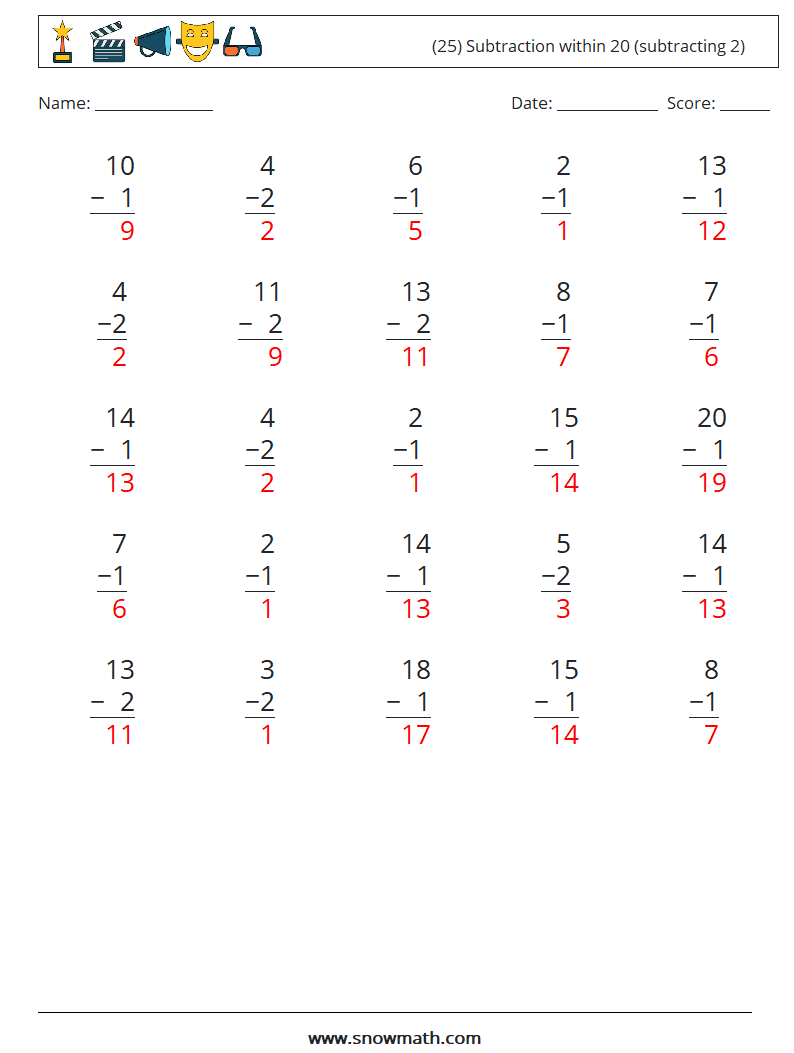 (25) Subtraction within 20 (subtracting 2) Math Worksheets 14 Question, Answer