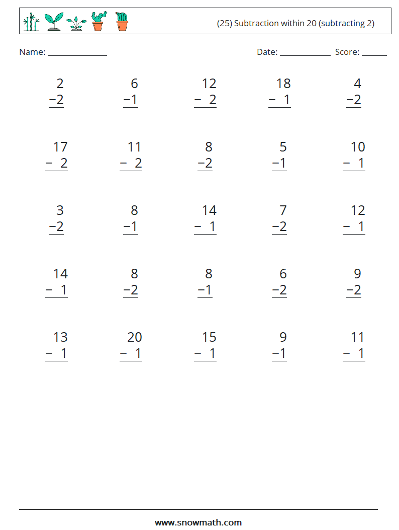 (25) Subtraction within 20 (subtracting 2) Math Worksheets 15
