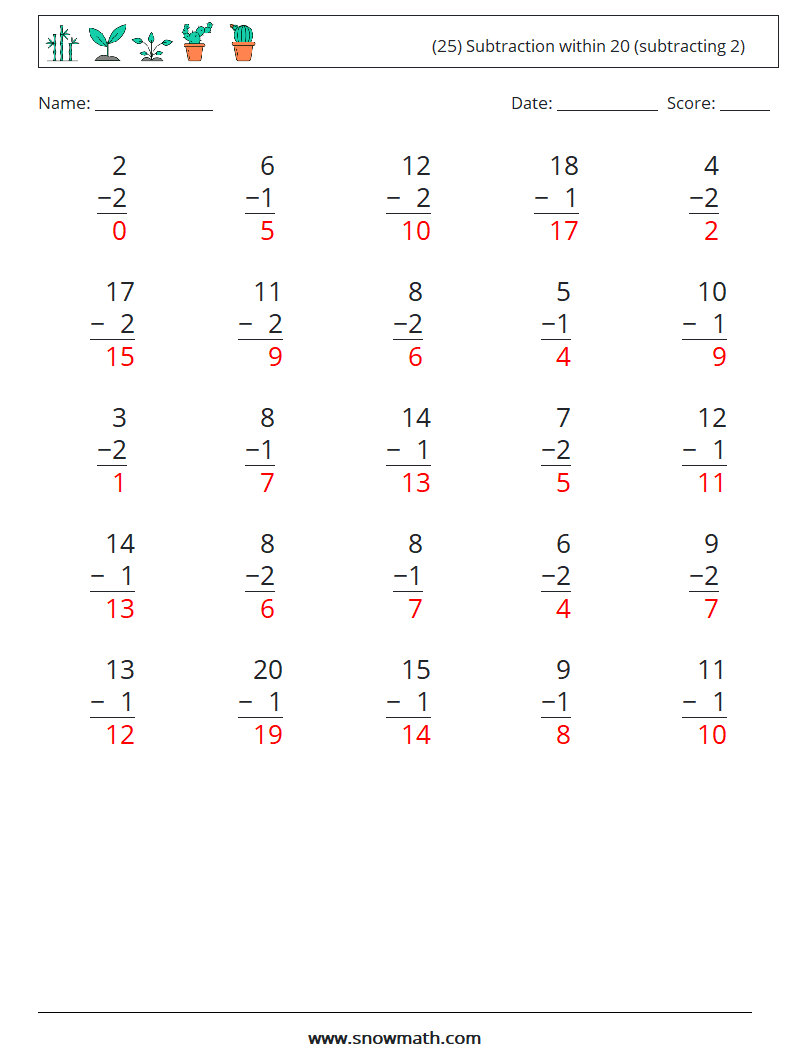 (25) Subtraction within 20 (subtracting 2) Math Worksheets 15 Question, Answer