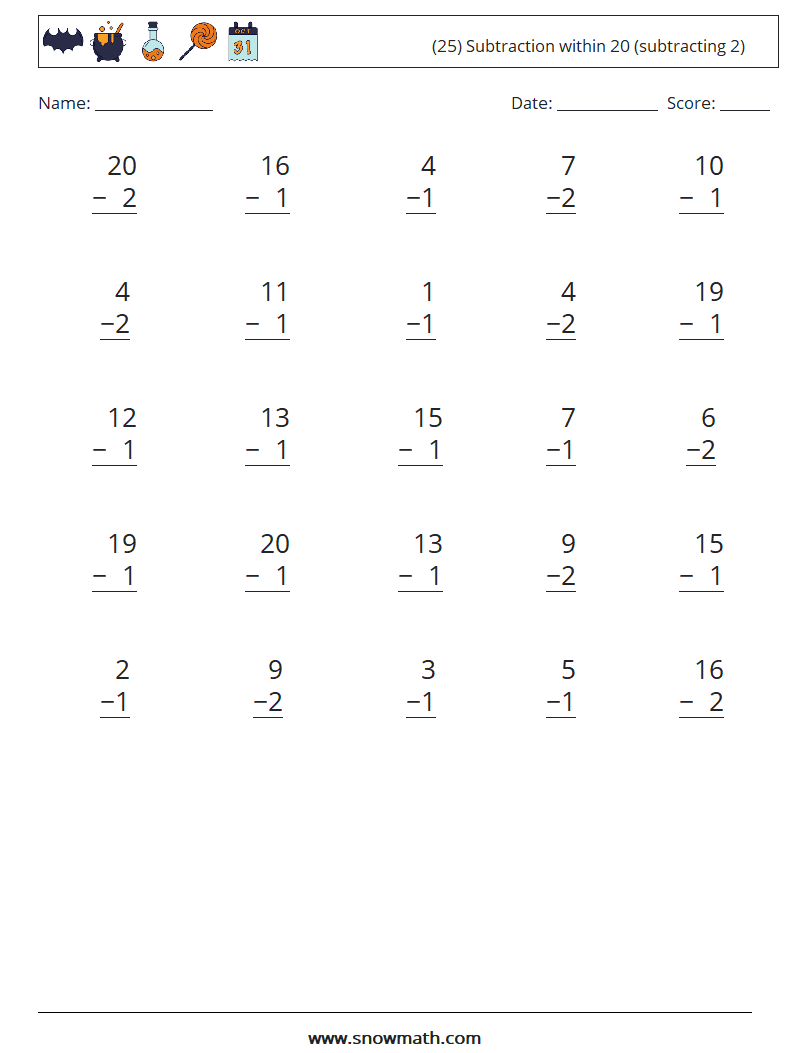 (25) Subtraction within 20 (subtracting 2) Math Worksheets 16