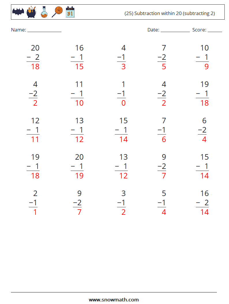 (25) Subtraction within 20 (subtracting 2) Math Worksheets 16 Question, Answer