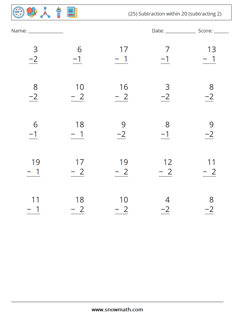 (25) Subtraction within 20 (subtracting 2) Math Worksheets 17