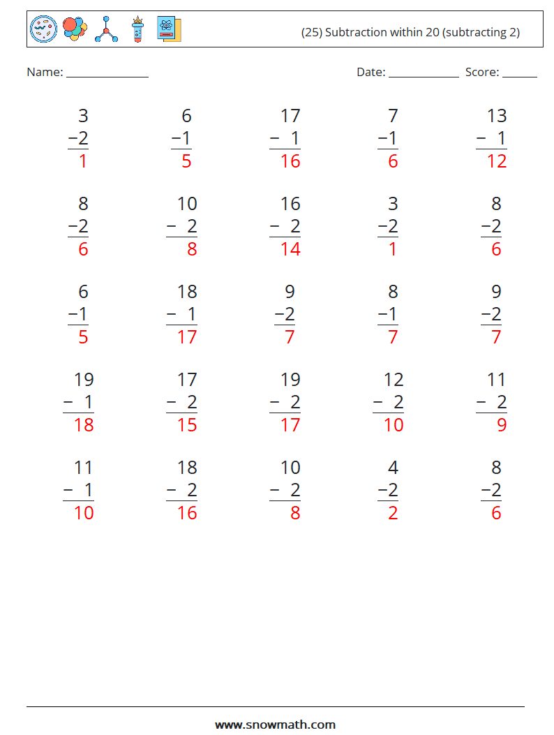 (25) Subtraction within 20 (subtracting 2) Math Worksheets 17 Question, Answer