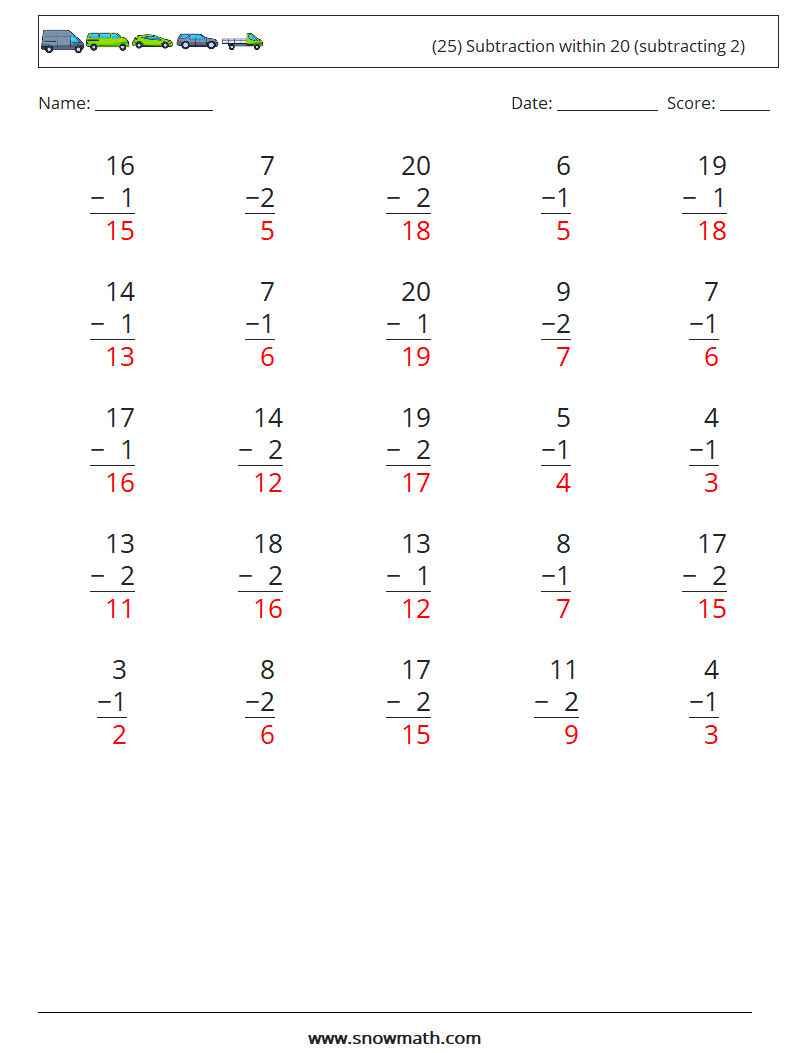 (25) Subtraction within 20 (subtracting 2) Math Worksheets 18 Question, Answer