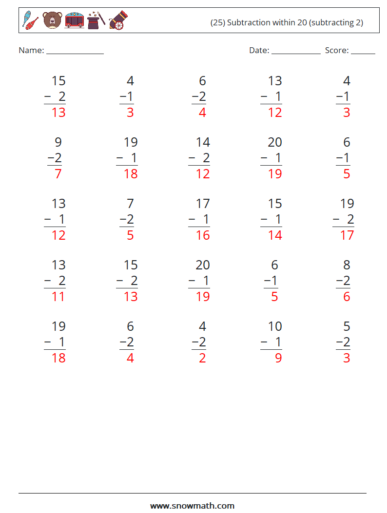 (25) Subtraction within 20 (subtracting 2) Math Worksheets 1 Question, Answer