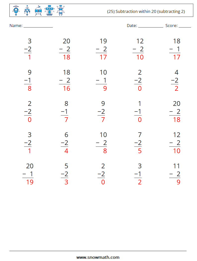 (25) Subtraction within 20 (subtracting 2) Math Worksheets 2 Question, Answer