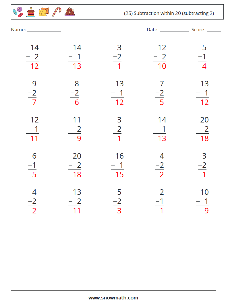 (25) Subtraction within 20 (subtracting 2) Math Worksheets 3 Question, Answer