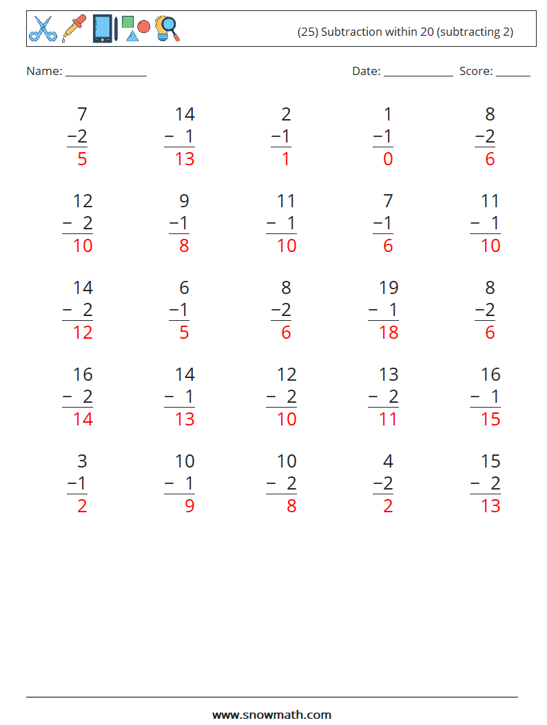 (25) Subtraction within 20 (subtracting 2) Math Worksheets 4 Question, Answer