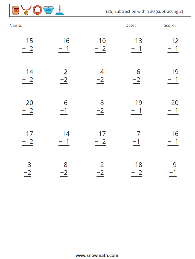 (25) Subtraction within 20 (subtracting 2) Math Worksheets 5