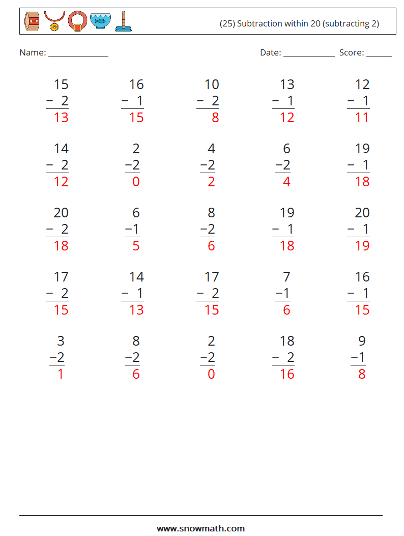 (25) Subtraction within 20 (subtracting 2) Math Worksheets 5 Question, Answer