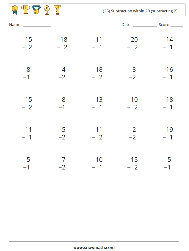 (25) Subtraction within 20 (subtracting 2) Math Worksheets 7