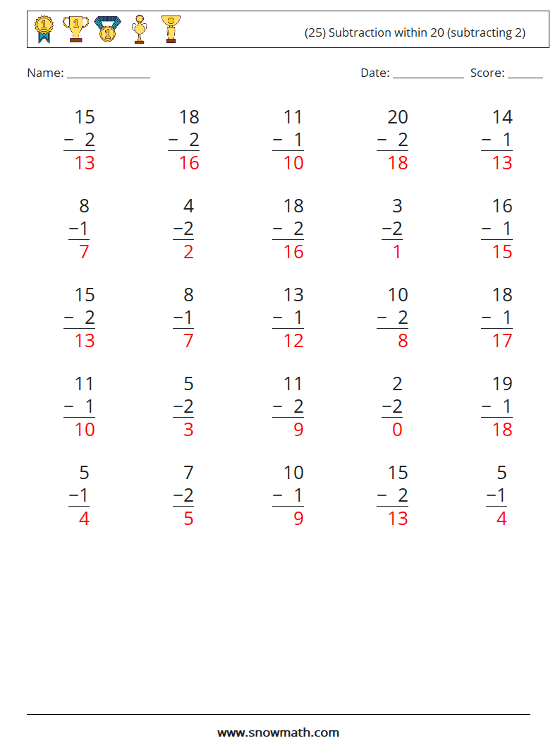 (25) Subtraction within 20 (subtracting 2) Math Worksheets 7 Question, Answer